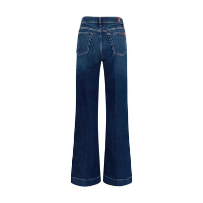 Jeans by 7FOR for women in stretch denim cotton blue & signature presents a tailored silhouette, showcasing a tailored flared, wide & slim and long cut with a refined high rise for a truly tailored aesthetic.