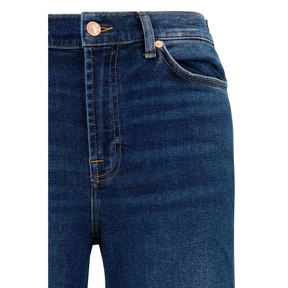 Jeans by 7FOR for women in stretch denim cotton blue & signature features an sartorial flared, wide & slim and long with a high rise cut for a sartorial finish.