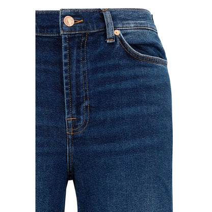 Jeans by 7FOR for women in stretch denim cotton blue & signature features an sartorial flared, wide & slim and long with a high rise cut for a sartorial finish.
