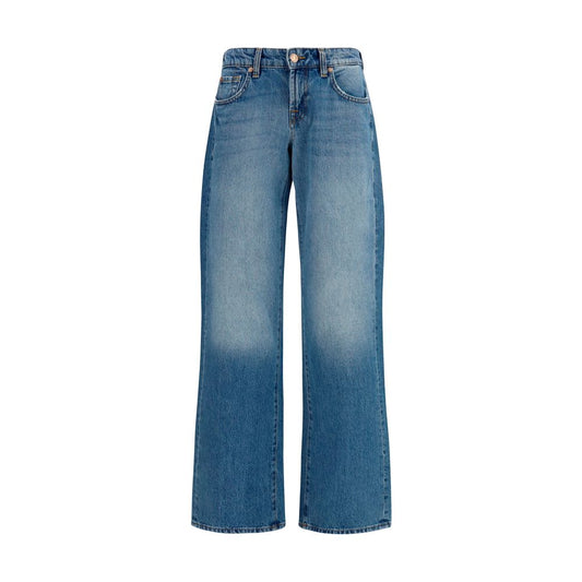 Jeans by 7FOR for women in denim cotton blue & signature presents a tailored silhouette, showcasing a tailored straight-leg, relaxed-fit & regular-fit and long cut with a refined low rise for a truly tailored aesthetic.