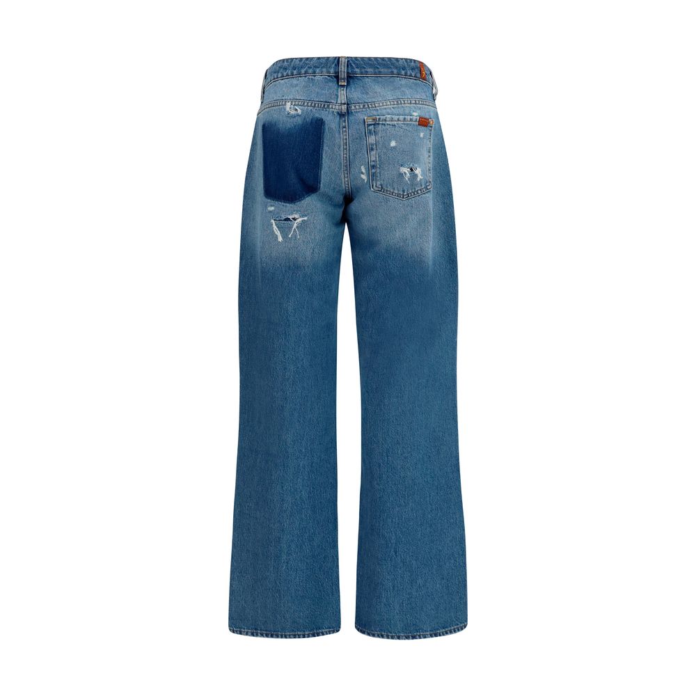 Jeans by 7FOR for women in denim cotton blue & signature presents a refined pantology silhouette, artfully defined by a refined pantology straight-leg, relaxed-fit & regular-fit, long, and a sophisticated low rise.