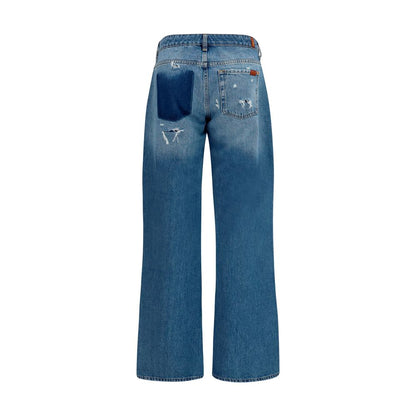 Jeans by 7FOR for women in denim cotton blue & signature presents a refined pantology silhouette, artfully defined by a refined pantology straight-leg, relaxed-fit & regular-fit, long, and a sophisticated low rise.