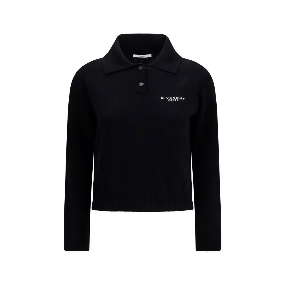 Sweater by Givenchy for women in cashmere wool & capra leather black & signature showcases a discreet silhouette, finished with a discreet and for a discreet look.