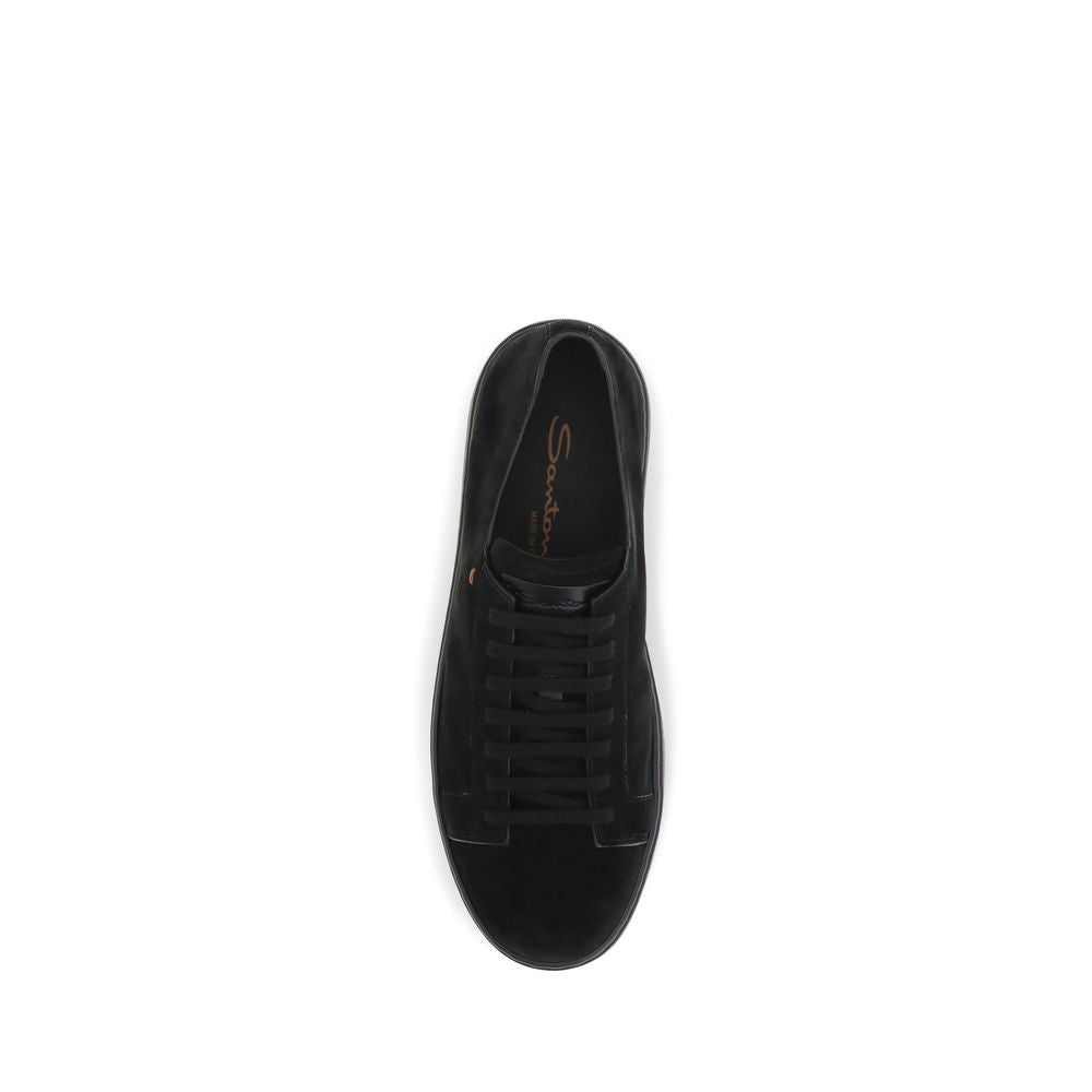 Sneakers by Santoni for men in bos taurus calf suede leather black presents a sumptuous silhouette, artfully capturing the essence of the Men's Low Top Bos Taurus Calf Suede Leather Sneakers with its sumptuous low-top style design.