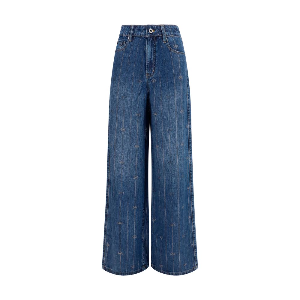 Jeans by Self-Portrait for women in lyocell denim & crystal blue & striped features a polished silhouette with a polished regular-fit & wide, reaching a polished long and finished with a polished high rise.