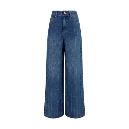 Jeans by Self-Portrait for women in lyocell denim & crystal blue & striped features a polished silhouette with a polished regular-fit & wide, reaching a polished long and finished with a polished high rise.