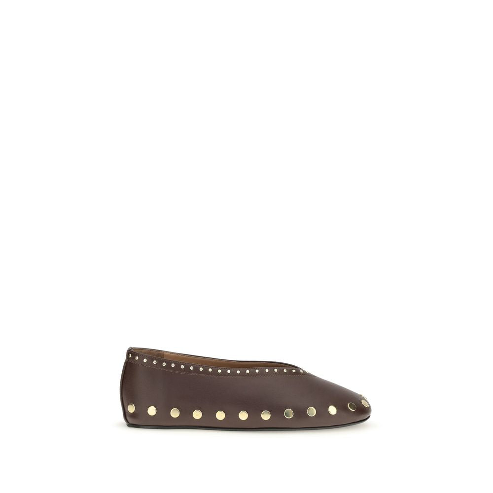 Ballet Flat Shoes by Ganni for women in tu polyurethane & cotton brown & gold showcases a resplendent Jenny Women's TU Polyurethane & Cotton Ballet Flat Shoes aesthetic with a and .