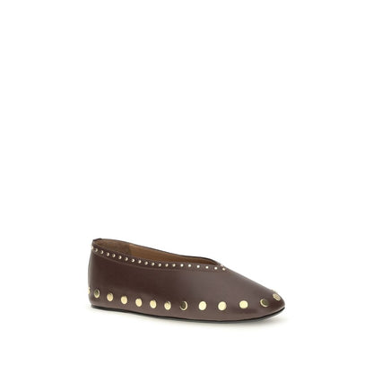 Ballet Flat Shoes by Ganni for women in tu polyurethane & cotton brown & gold presents a effortless chic silhouette, showcasing the Jenny Women's TU Polyurethane & Cotton Ballet Flat Shoes design with a effortless chic and for a sophisticated look.