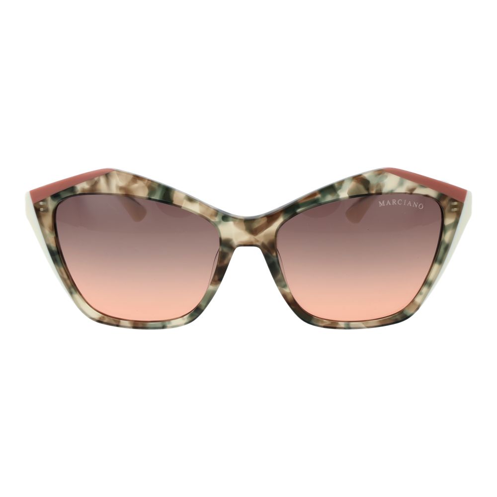 Sunglasses by Marciano by Guess for women in acetate green features an lustrous butterfly full-rim frame design with olive coloured frame detailing and gradient category-2-medium-tint lens for a lustrous aesthetic.