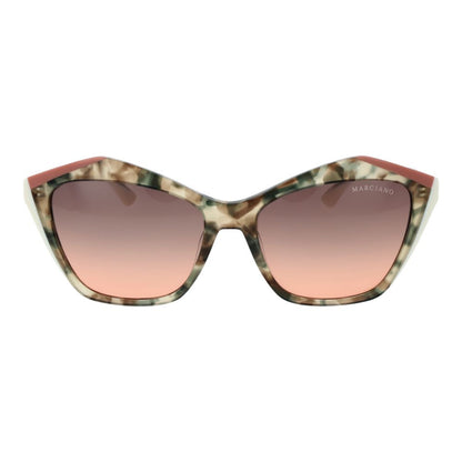 Sunglasses by Marciano by Guess for women in acetate green features an lustrous butterfly full-rim frame design with olive coloured frame detailing and gradient category-2-medium-tint lens for a lustrous aesthetic.
