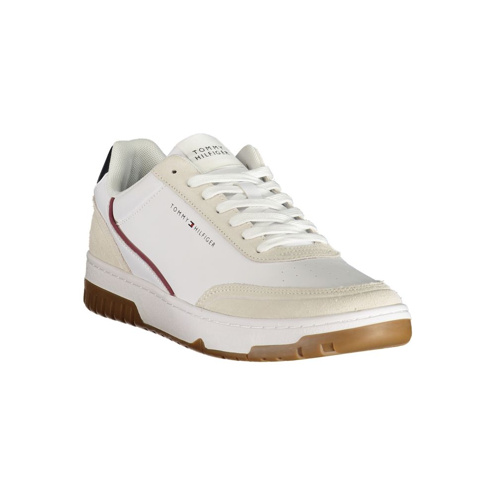 Athletic Sneakers by Tommy Hilfiger for men in polyester polyurethane leather blue, red, white & print features an architectural silhouette, showcasing the premium athletic style of the Men's Athletic Polyester Polyurethane Leather Sneakers with an architectural finish.