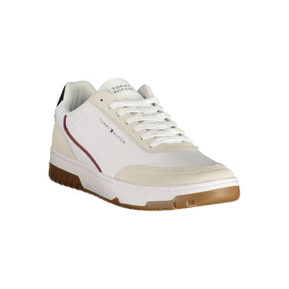 Athletic Sneakers by Tommy Hilfiger for men in polyester polyurethane leather blue, red, white & print features an architectural silhouette, showcasing the premium athletic style of the Men's Athletic Polyester Polyurethane Leather Sneakers with an architectural finish.
