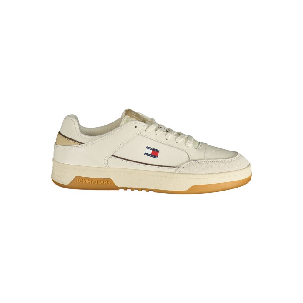 Athletic Sneakers by Tommy Hilfiger for men in polyester polyurethane leather beige, white & signature features an architectural silhouette, showcasing the premium athletic style of the Men's Athletic Polyester Polyurethane Leather Sneakers with an architectural finish.