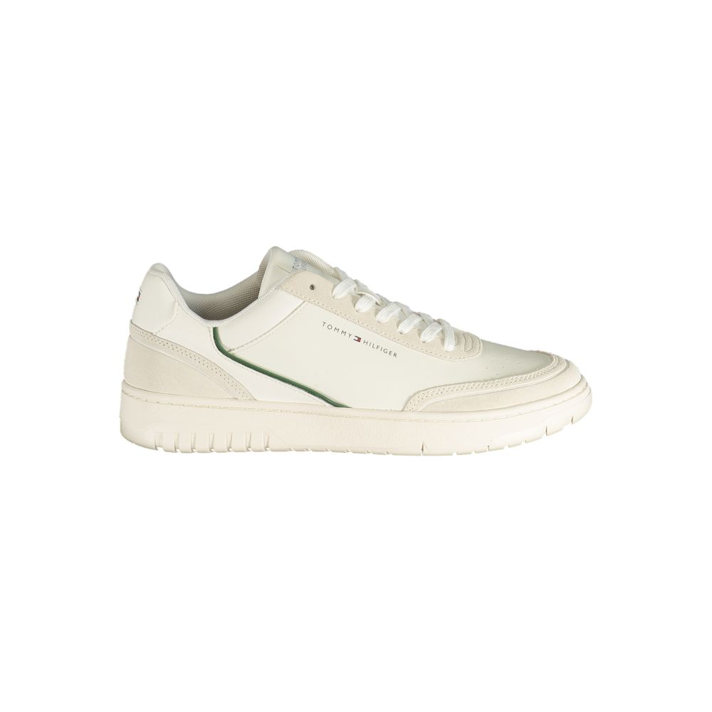 Athletic Sneakers by Tommy Hilfiger for men in faux leather & canvas green, white & print features an stately silhouette, showcasing the signature athletic style of the Crisp Men's Athletic Faux Leather & Canvas Sneakers collection with a truly stately finish.