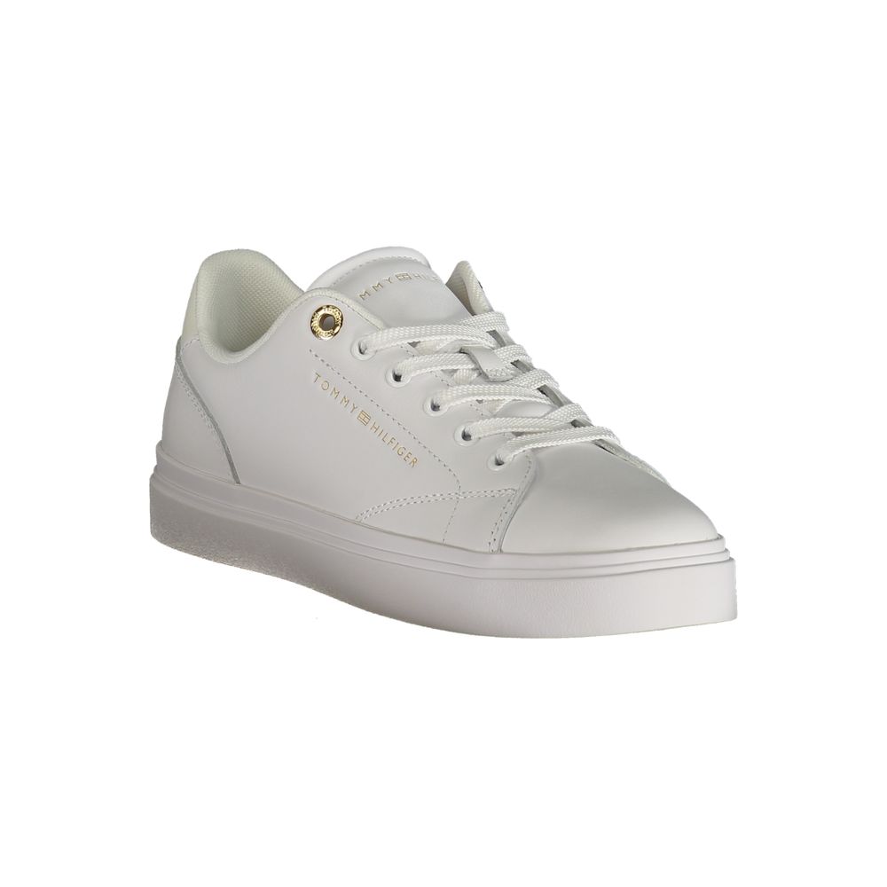 Athletic Sneakers by Tommy Hilfiger for women in polyester polyurethane leather white & print features an architectural silhouette, showcasing the premium athletic style of the Women's Athletic Polyester Polyurethane Leather Sneakers with an architectural finish.