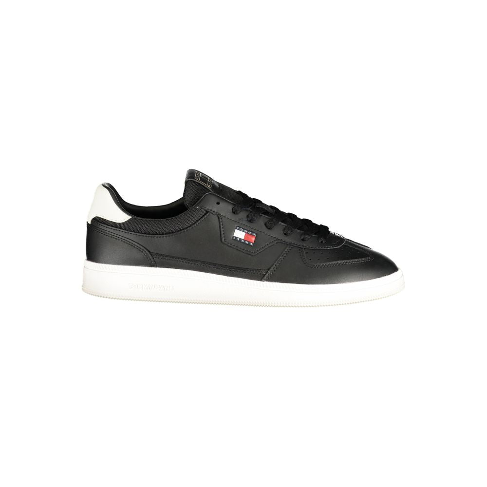 Athletic Sneakers by Tommy Hilfiger for men in polyester polyurethane leather black & white features an stately silhouette, showcasing the signature athletic style of the Men's Athletic Polyester Polyurethane Leather Sneakers collection with a truly stately finish.