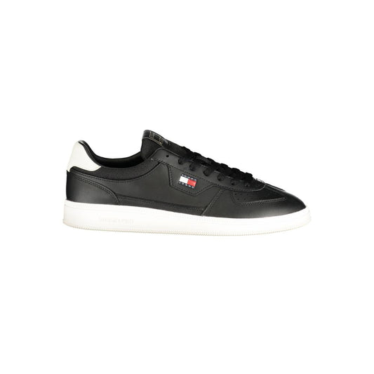Athletic Sneakers by Tommy Hilfiger for men in polyester polyurethane leather black & white features an stately silhouette, showcasing the signature athletic style of the Men's Athletic Polyester Polyurethane Leather Sneakers collection with a truly stately finish.