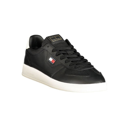 Athletic Sneakers by Tommy Hilfiger for men in polyester polyurethane leather black & white features an architectural silhouette from the Men's Athletic Polyester Polyurethane Leather Sneakers collection, showcasing a architectural athletic style for a architectural look.