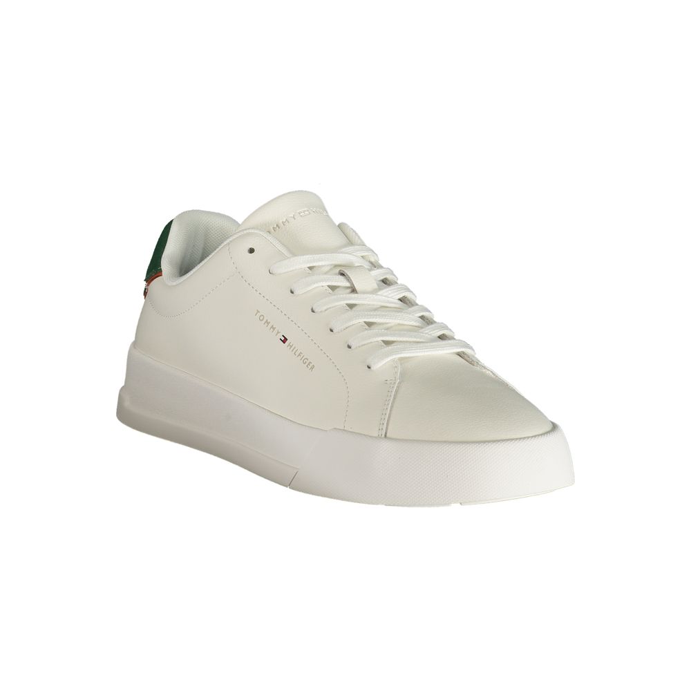 Athletic Sneakers by Tommy Hilfiger for men in polyester polyurethane leather green, white & print features an architectural silhouette from the Men's Athletic Polyester Polyurethane Leather Sneakers collection, showcasing a architectural athletic style for a architectural look.
