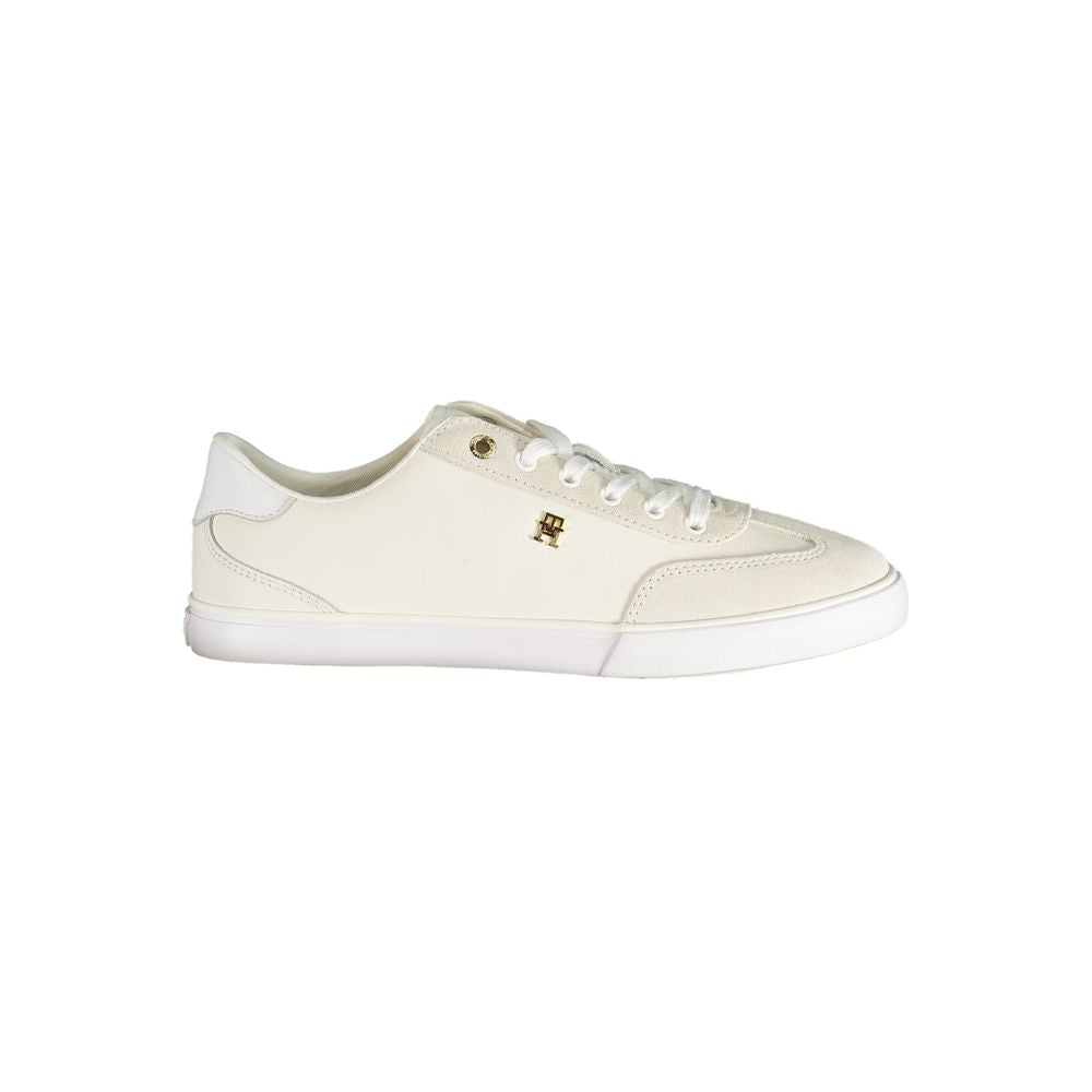 Athletic Sneakers by Tommy Hilfiger for women in polyester polyurethane leather white, signature & print features an architectural silhouette, showcasing the premium athletic style of the Women's Athletic Polyester Polyurethane Leather Sneakers with an architectural finish.