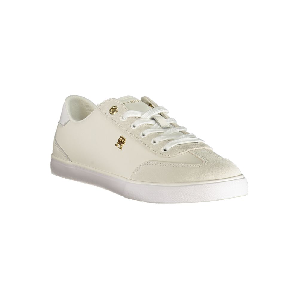 Athletic Sneakers by Tommy Hilfiger for women in polyester polyurethane leather white, signature & print features an architectural silhouette, showcasing the premium athletic style of the Women's Athletic Polyester Polyurethane Leather Sneakers with an architectural finish.