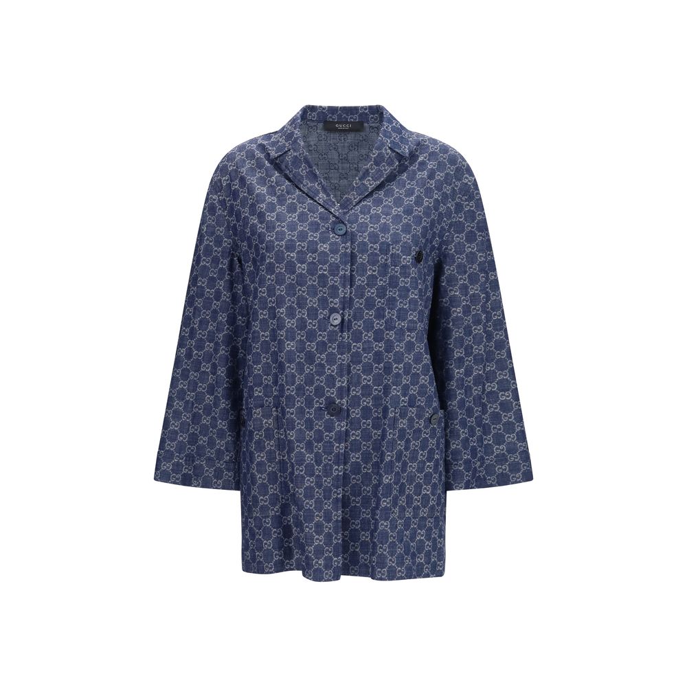 Overcoat by Gucci for women in cotton blue, jacquard & signature features a cosy chic silhouette, artfully detailed with a sophisticated and premium pockets for a cosy chic finish.