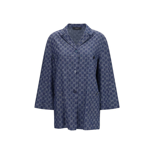 Overcoat by Gucci for women in cotton blue, jacquard & signature features a cosy chic silhouette, artfully detailed with a sophisticated and premium pockets for a cosy chic finish.