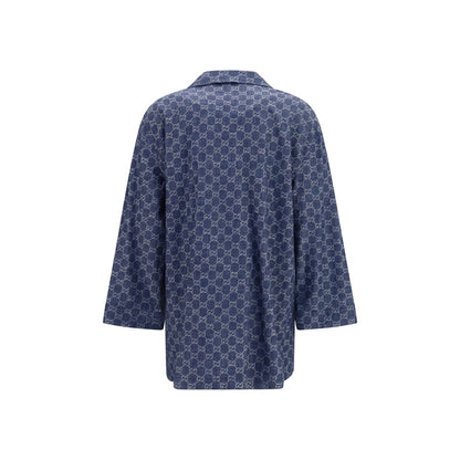 Overcoat by Gucci for women in cotton blue, jacquard & signature showcases a architectural silhouette, artfully detailed with a distinctive and functional pockets for a architectural finish.