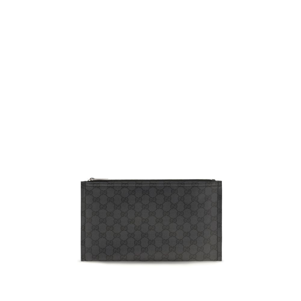 Large Pouch Clutch Handbag by Gucci for unisex in cotton polyester canvas black, silver & monogram features a sculptural silhouette with a secure zipper, ample cardholder, and versatile for a sculptural finish.