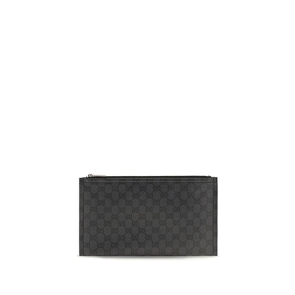 Large Pouch Clutch Handbag by Gucci for unisex in cotton polyester canvas black, silver & monogram features a sculptural silhouette with a secure zipper, ample cardholder, and versatile for a sculptural finish.