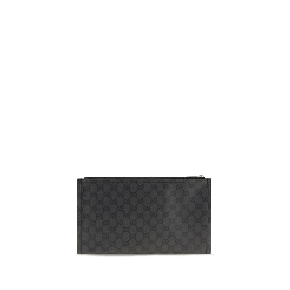 Large Pouch Clutch Handbag by Gucci for unisex in cotton polyester canvas black, silver & monogram features a sculptural silhouette with a secure zipper, organized cardholder, and versatile for a sculptural finish.