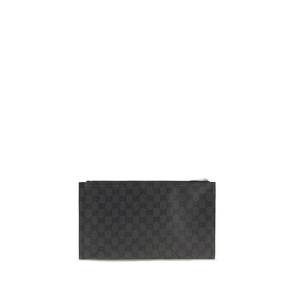 Large Pouch Clutch Handbag by Gucci for unisex in cotton polyester canvas black, silver & monogram features a sculptural silhouette with a secure zipper, organized cardholder, and versatile for a sculptural finish.