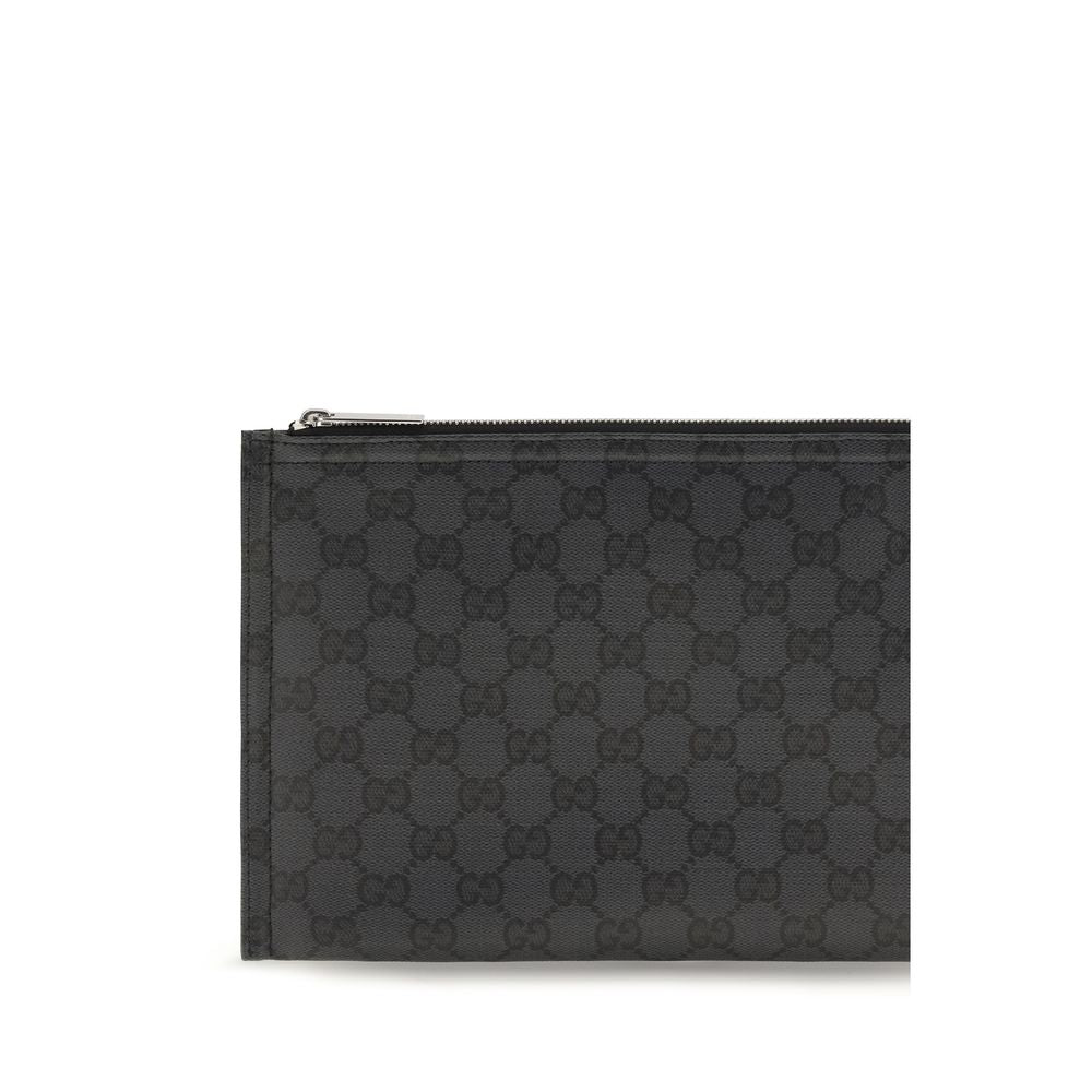 Large Pouch Clutch Handbag by Gucci for unisex in cotton polyester canvas black, silver & monogram showcases a sculptural silhouette, featuring a secure zipper, ample cardholder, and versatile for a sculptural aesthetic.