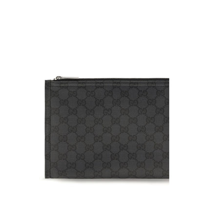 Large Pouch Clutch Handbag by Gucci for unisex in cotton polyester canvas black, silver & monogram showcases a sculptural silhouette, featuring a secure zipper, ample cardholder, and versatile for a sculptural aesthetic.