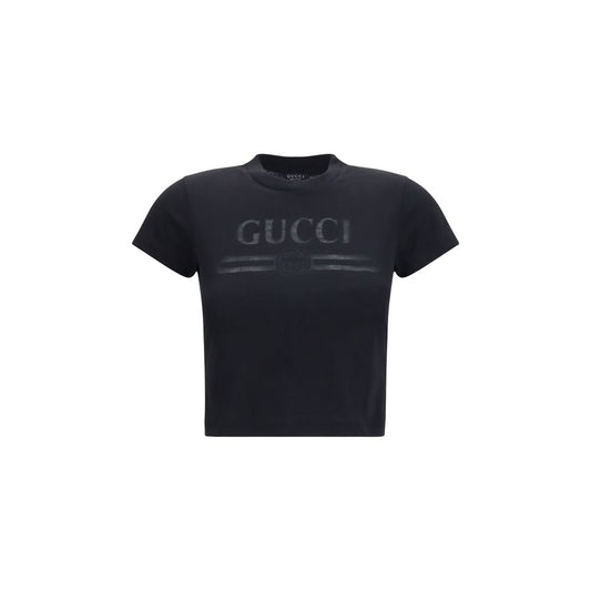 T-Shirt by Gucci for women in cotton polyester black & print features an edgy silhouette, meticulously detailed with a sophisticated short-sleeve and crew neckline for a truly edgy finish.