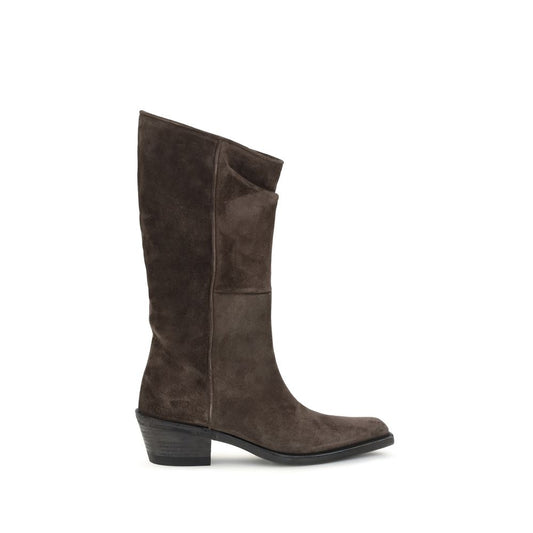 Ankle Cowboy Mid-Calf Boots by Khaite for women in suede calf leather brown features an dynamic silhouette, showcasing the dynamic Women's Suede Calf Leather Ankle Cowboy Mid-Calf Boots design with its distinctive and elegant pointed toe style.