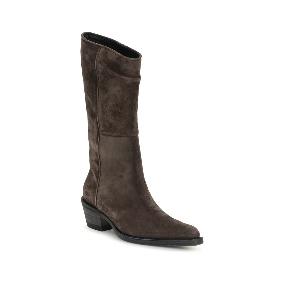 Ankle Cowboy Mid-Calf Boots by Khaite for women in suede calf leather brown features an avant-garde Women's Suede Calf Leather Ankle Cowboy Mid-Calf Boots silhouette, defined by a sophisticated and a avant-garde pointed toe style.