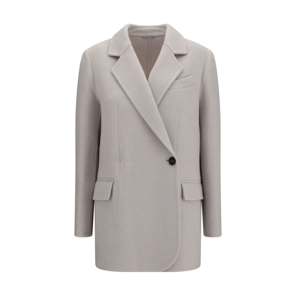 Overcoat by Brunello Cucinelli for women in cashmere merino wool & capra leather white features an satoral silhouette, showcasing a sophisticated and satoral pockets for a premium, timeless look.