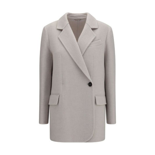 Overcoat by Brunello Cucinelli for women in cashmere merino wool & capra leather white features an satoral silhouette, showcasing a sophisticated and satoral pockets for a premium, timeless look.