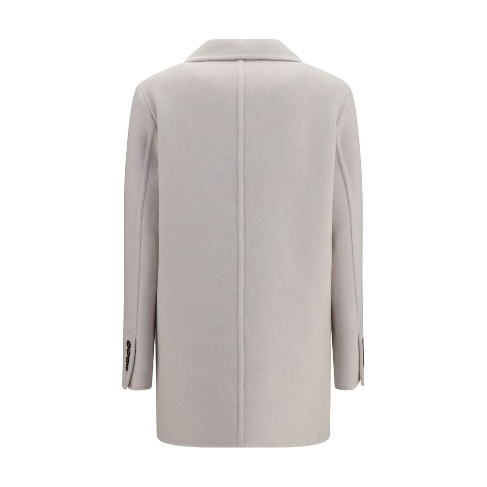 Overcoat by Brunello Cucinelli for women in cashmere merino wool & capra leather white features an voluminous silhouette, showcasing distinct pockets and a voluminous for a truly voluminous aesthetic.