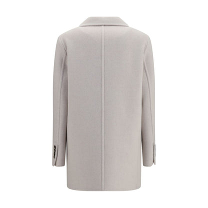 Overcoat by Brunello Cucinelli for women in cashmere merino wool & capra leather white features an voluminous silhouette, showcasing distinct pockets and a voluminous for a truly voluminous aesthetic.