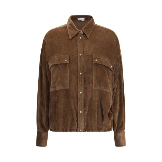 Shirt by Brunello Cucinelli for women in cashmere corduroy & viscose brown & patterned showcases a sharp silhouette, elegantly detailed with a sharp and sharp .