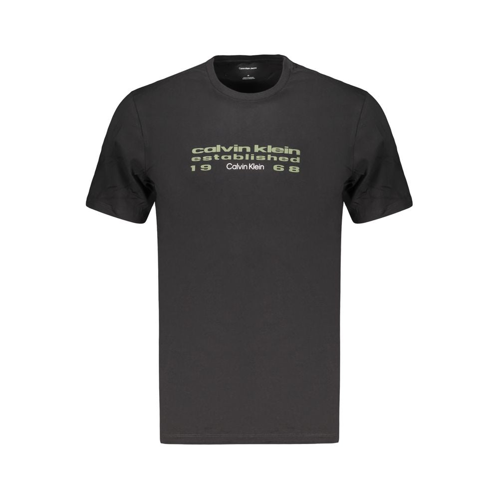 T-Shirt by Calvin Klein for men in cotton black & print showcases a unassuming silhouette, artfully detailed with a refined crew neckline and unassuming for a sophisticated, contemporary look.