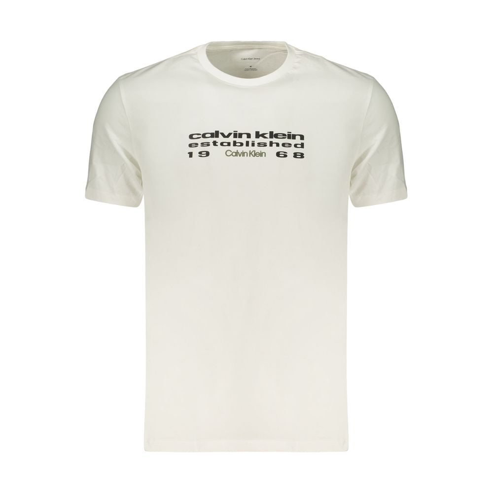 T-Shirt by Calvin Klein for men in cotton white & print showcases a fashionable silhouette, elegantly detailed with a fashionable and crew neckline for a sophisticated, high-fashion look.