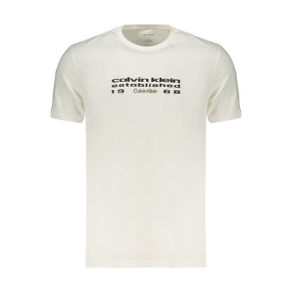 T-Shirt by Calvin Klein for men in cotton white & print showcases a fashionable silhouette, elegantly detailed with a fashionable and crew neckline for a sophisticated, high-fashion look.