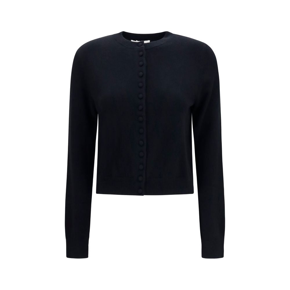 Cardigan by Lisa Yang for women in cashmere & capra leather black features a dramatic silhouette, showcasing a sophisticated round neckline and dramatic detail for a timeless, premium look.