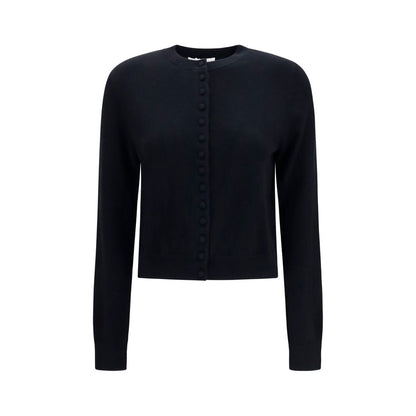 Cardigan by Lisa Yang for women in cashmere & capra leather black features a dramatic silhouette, showcasing a sophisticated round neckline and dramatic detail for a timeless, premium look.