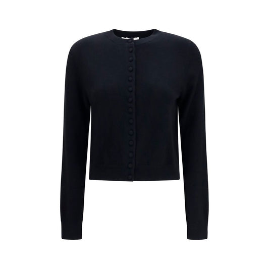 Cardigan by Lisa Yang for women in cashmere & capra leather black features a dramatic silhouette, showcasing a sophisticated round neckline and dramatic detail for a timeless, premium look.