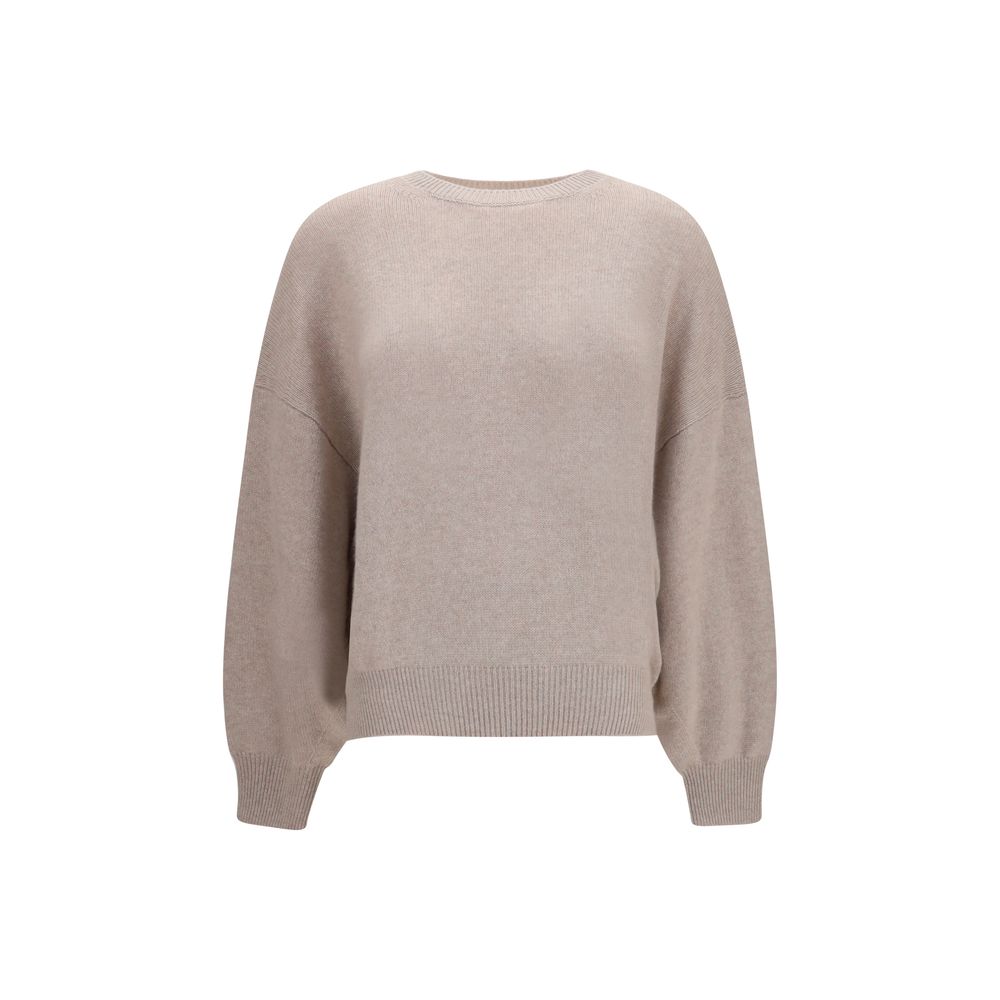 Sweater by Lisa Yang for women in cashmere & capra leather beige showcases a downtown chic silhouette, artfully finished with a downtown chic crew neckline and long-sleeve for a sophisticated, high-end look.