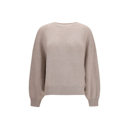 Sweater by Lisa Yang for women in cashmere & capra leather beige showcases a downtown chic silhouette, artfully finished with a downtown chic crew neckline and long-sleeve for a sophisticated, high-end look.